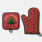 Sparkly Merry Christmas tree Custom name 鍋つかみ&鍋敷きセット (正面)