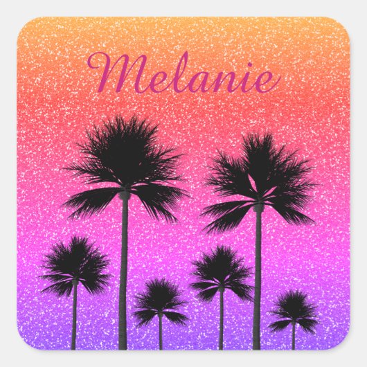 Sparkly Palm Trees Gradient Sunset Personalised スクエアシール (正面)