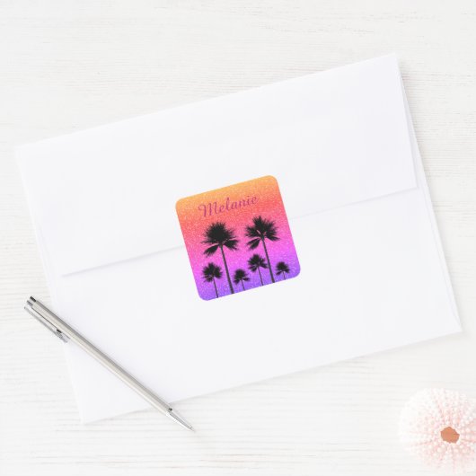 Sparkly Palm Trees Gradient Sunset Personalised スクエアシール (封筒)