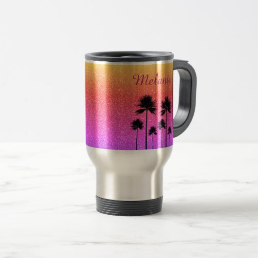 Sparkly Palm Trees Gradient Sunset Personalised トラベルマグ (正面右)