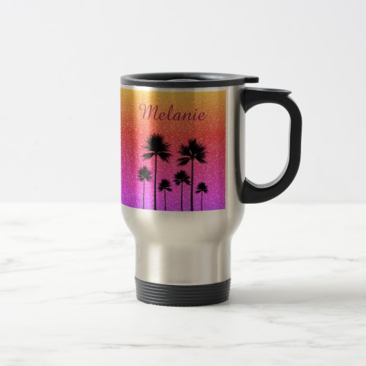 Sparkly Palm Trees Gradient Sunset Personalised トラベルマグ (右)