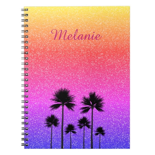 Sparkly Palm Trees Gradient Sunset Personalised ノートブック (正面)