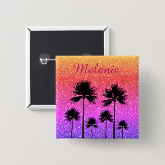 Sparkly Palm Trees Gradient Sunset Personalised 缶バッジ (正面&裏面)