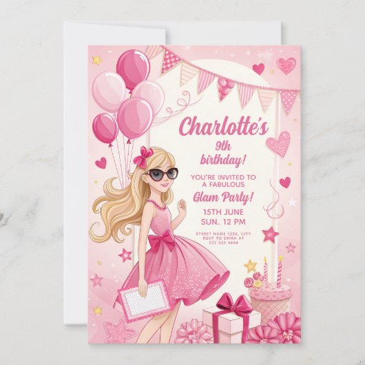 Sparkly Pink Glam Birthday Party 招待状 (正面)