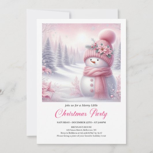 Sparkly Pink Snowman Editable Christmas Invite  招待状 (正面)