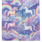 Sparkly rainbow and unicorns on clouds シャワーカーテン (正面)