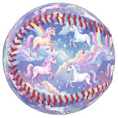 Sparkly rainbow and unicorns on clouds ソフトボール (正面左)
