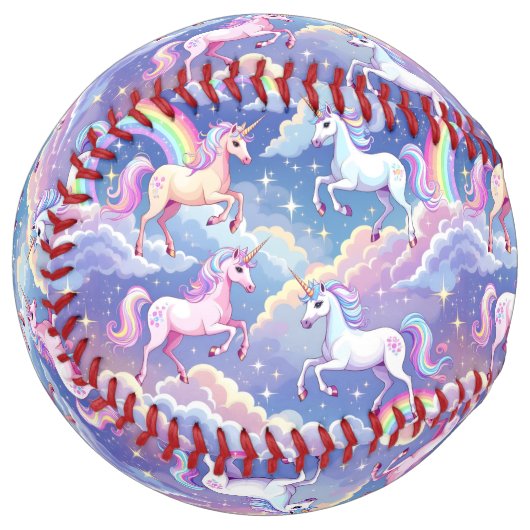 Sparkly rainbow and unicorns on clouds ソフトボール (正面左)