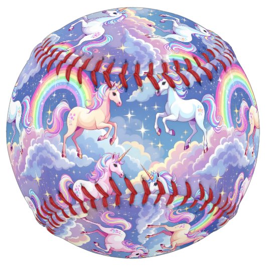 Sparkly rainbow and unicorns on clouds ソフトボール (裏面)