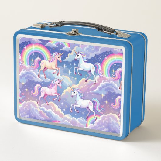 Sparkly rainbow and unicorns on clouds メタルランチボックス (正面)