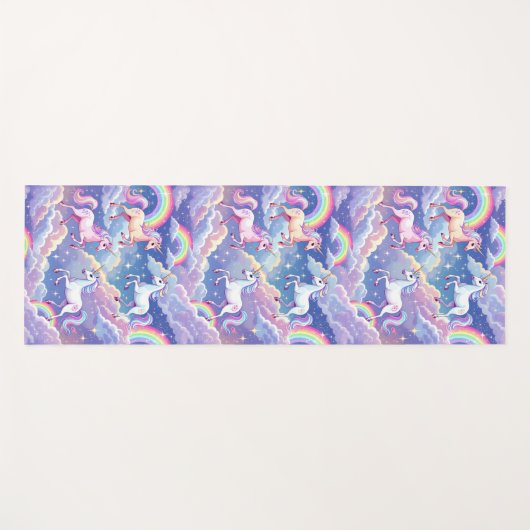 Sparkly rainbow and unicorns on clouds ヨガマット (正面(横))