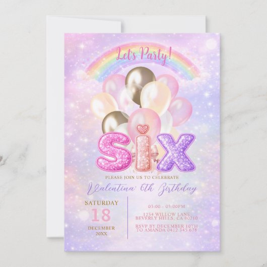 Sparkly Rainbow Glitter Six Balloon Birthday 招待状 (正面)