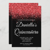 Sparkly Red Glitter Black Quinceañera 招待状 (正面/裏面)