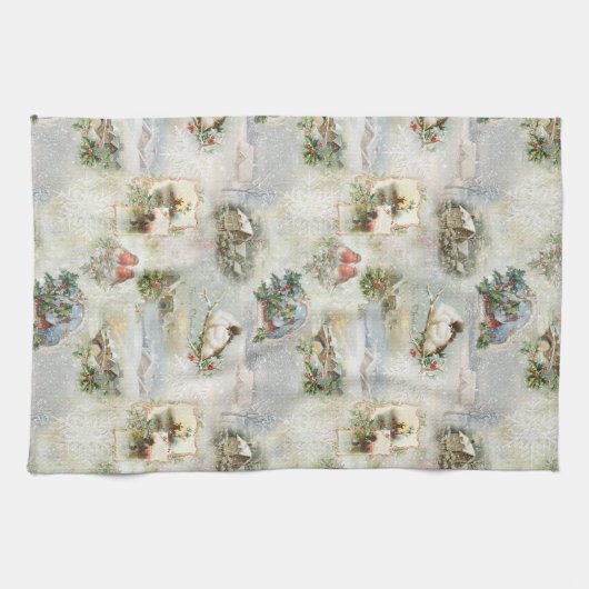 Sparkly Rustic Christmas Winter Scenes Collage キッチンタオル (横)