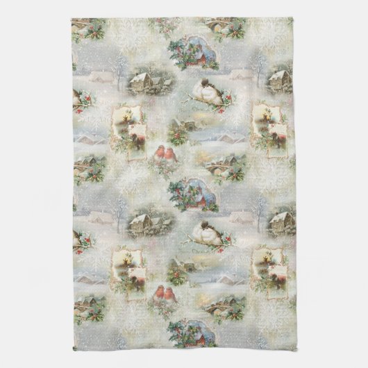 Sparkly Rustic Christmas Winter Scenes Collage キッチンタオル (縦)