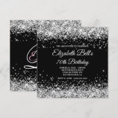Sparkly Silver Glitter Black Color 70th Birthday 招待状 (正面/裏面)