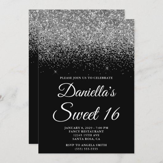 Sparkly Silver Glitter Black Sweet 16 招待状 (正面/裏面)