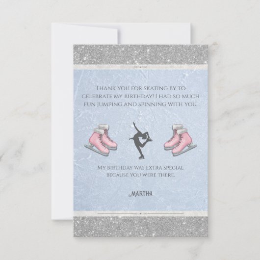 Sparkly Silver Glitter Ice Skating Birthday サンキューカード (正面)