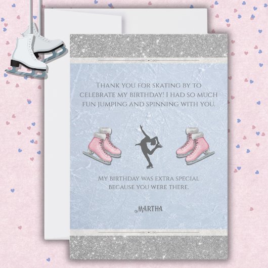 Sparkly Silver Glitter Ice Skating Birthday サンキューカード