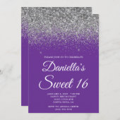 Sparkly Silver Glitter Royal Purple Sweet 16 招待状 (正面/裏面)