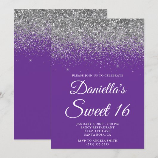 Sparkly Silver Glitter Royal Purple Sweet 16 招待状 (正面/裏面)