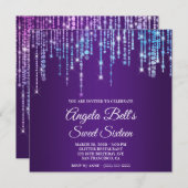 Sparkly Unicorn Lights Royal Purple Sweet Sixteen 招待状 (正面/裏面)