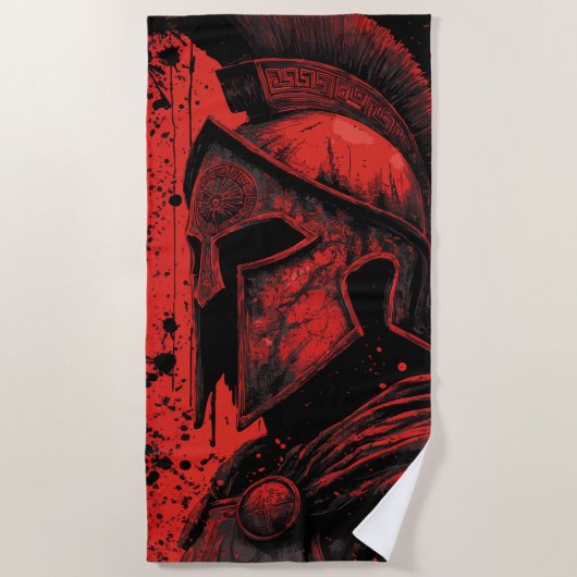 Spartan Helmet Beach Towel – Red Warrior Art ビーチタオル (正面)
