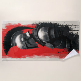 Spartan Warrior Helmet – Bold Red Background ビーチタオル