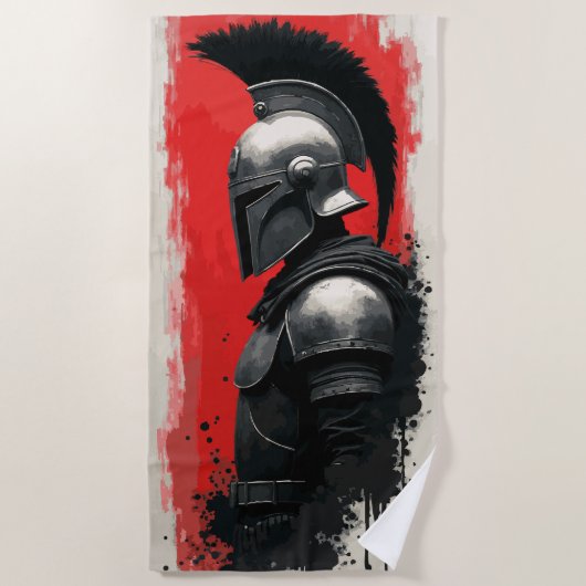 Spartan Warrior Helmet – Bold Red Background ビーチタオル (正面)