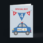 Special Boy 4th Birthday Blue Police Car カード<br><div class="desc">If you are looking for something that will be worthy to gift a special boy with once he celebrates his 4th birthday then you might just have found it already. Two red flags and a blue one hangs on the cover of this card and noticeable the number four is inscribed...</div>