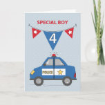 Special Boy 4th Birthday Blue Police Car カード<br><div class="desc">If you are looking for something that will be worthy to gift a special boy with once he celebrates his 4th birthday then you might just have found it already. Two red flags and a blue one hangs on the cover of this card and noticeable the number four is inscribed...</div>