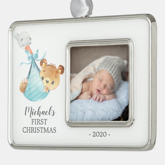 Special Delivery Bear初めてのクリスマス写真 シルバープレートフレームオーナメント (左)