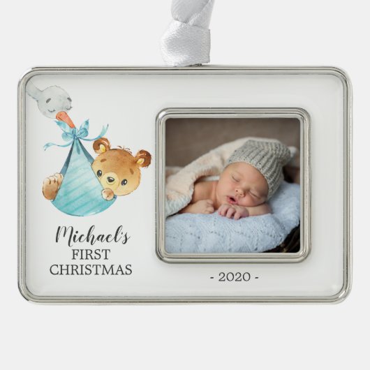 Special Delivery Bear初めてのクリスマス写真 シルバープレートフレームオーナメント (正面)