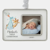Special Delivery Giraffe初めてのクリスマス写真 シルバープレートフレームオーナメント (正面)