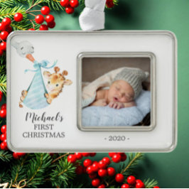 Special Delivery Giraffe初めてのクリスマス写真 シルバープレートフレームオーナメント