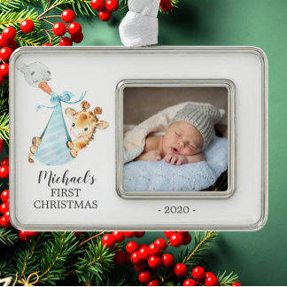 Special Delivery Giraffe初めてのクリスマス写真 シルバープレートフレームオーナメント