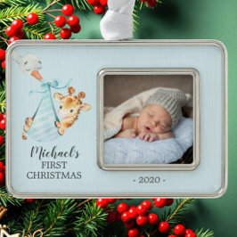 Special Delivery Giraffe初めてのクリスマス写真 シルバープレートフレームオーナメント