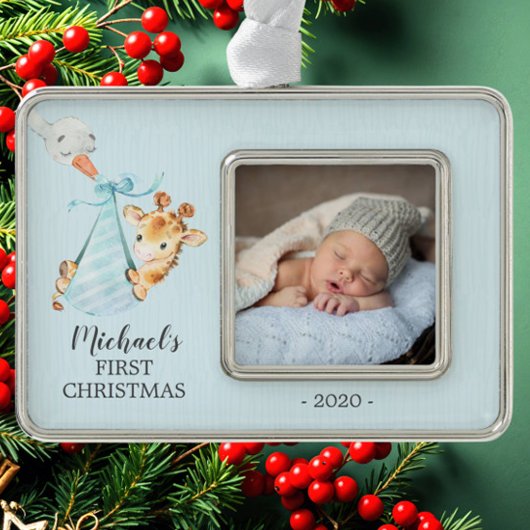 Special Delivery Giraffe初めてのクリスマス写真 シルバープレートフレームオーナメント