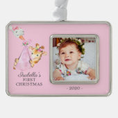 Special Delivery Giraffe初めてのクリスマス写真 シルバープレートフレームオーナメント (正面)