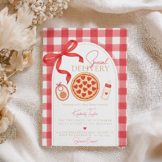 Special Delivery Heart Pizza Baby Shower 招待状