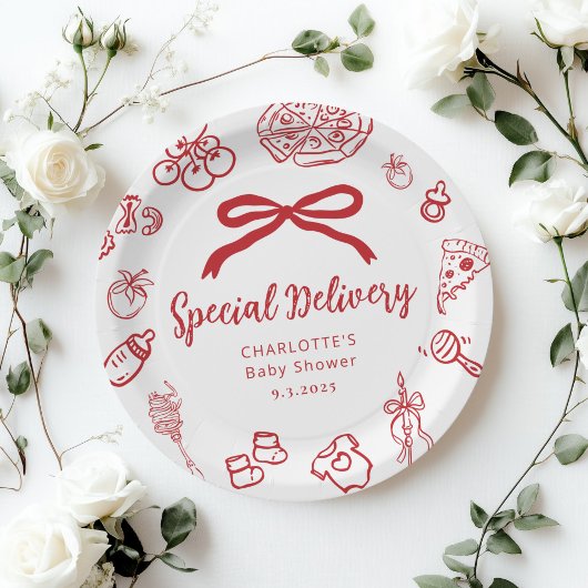 Special Delivery Italian Whimsical Bow Baby Shower ペーパープレート