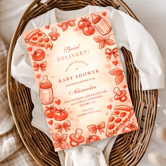 Special Delivery Pizza Baby Shower 招待状
