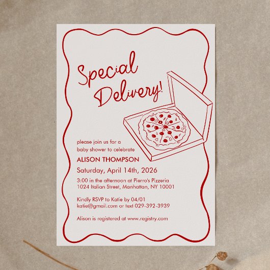 Special Delivery Pizza Baby Shower 招待状