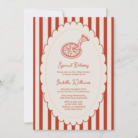 Special Delivery Pizza Party Baby Shower 招待状 (正面)