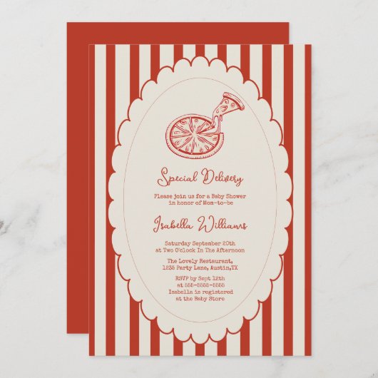 Special Delivery Pizza Party Baby Shower 招待状 (正面/裏面)