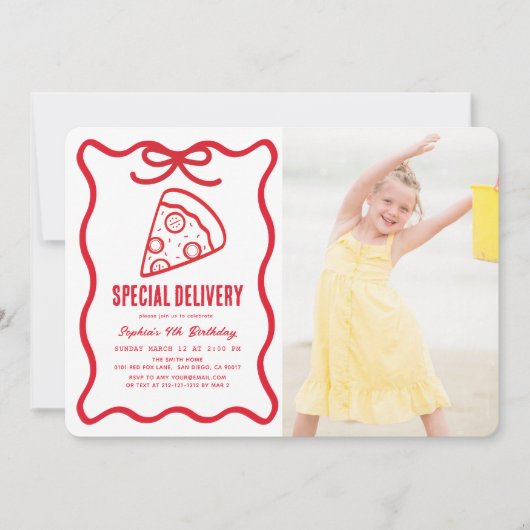 Special Delivery Red Bow Pizza Photo Birthday 招待状 (正面)