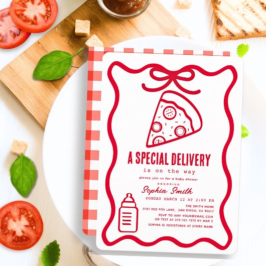 Special Delivery Red Hand-drawn Pizza Baby Shower 招待状
