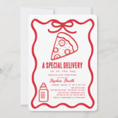 Special Delivery Red Hand-drawn Pizza Baby Shower 招待状 (正面)