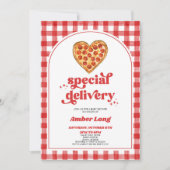 Special Delivery Retro Heart Pizza Baby Shower 招待状 (正面)