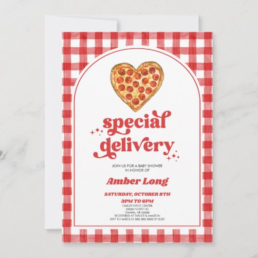 Special Delivery Retro Heart Pizza Baby Shower 招待状 (正面)